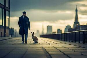 en man och en kanin gående på en bro. ai-genererad foto