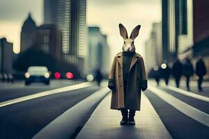 en kanin bär en täcka och stående på de gata. ai-genererad foto