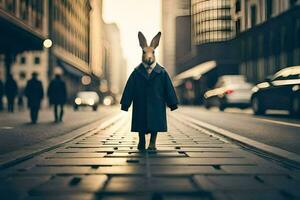en kanin i en täcka stående på en gata. ai-genererad foto