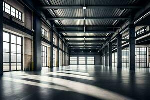 ett tömma industriell lager med stor fönster. ai-genererad foto