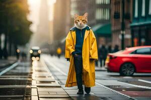 en katt bär en gul regnkappa på en stad gata. ai-genererad foto