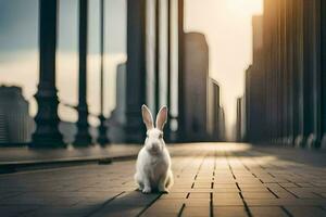en kanin är Sammanträde på de jord i främre av en stad. ai-genererad foto