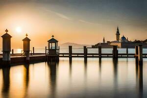 de Sol stiger över de vatten och pir i Venedig. ai-genererad foto