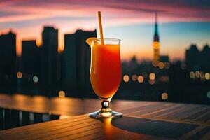 en cocktail med en sugrör på en tabell i främre av en stad horisont. ai-genererad foto