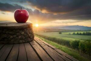 ett äpple sitter på topp av en trä- tabell i främre av en solnedgång. ai-genererad foto