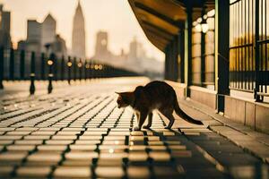 en katt gående på en tegel gångväg i främre av en stad horisont. ai-genererad foto
