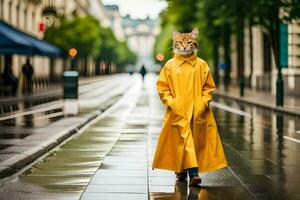 en katt bär en gul regnkappa på en regnig dag. ai-genererad foto