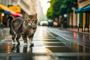 en katt gående på en våt gata i de regn. ai-genererad foto