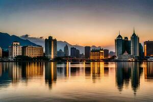 de stad horisont på solnedgång i shanghai. ai-genererad foto