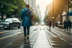 en man gående ner en stad gata i de regn. ai-genererad foto