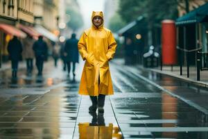 en man i en gul regnkappa gående ner en gata. ai-genererad foto