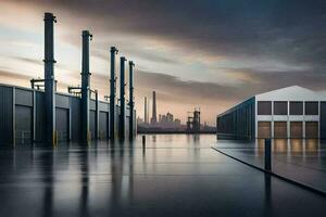 en fabrik byggnad med en stor lager och en stad horisont i de bakgrund. ai-genererad foto