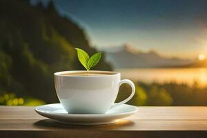 en kopp av kaffe med en grön växt på de fat. ai-genererad foto