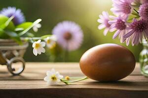 påsk ägg på en tabell med blommor. ai-genererad foto
