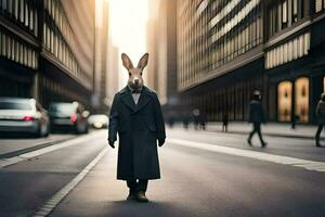 en kanin bär en täcka och slips gående ner en stad gata. ai-genererad foto