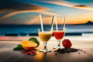 två glasögon av juice med frukt och en sugrör. ai-genererad foto