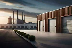 en stor industriell byggnad med två garage dörrar. ai-genererad foto