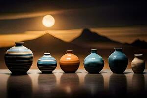 en rad av vaser med en full måne i de bakgrund. ai-genererad foto
