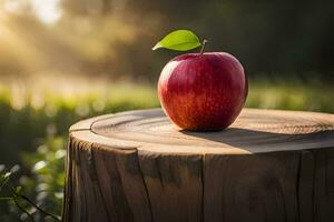 ett äpple sitter på topp av en stubbe i de Sol. ai-genererad foto