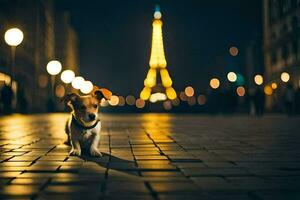 en hund stående i främre av de eiffel torn på natt. ai-genererad foto