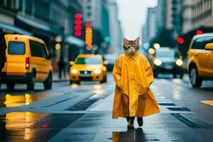 en katt i en regnkappa gående ner en stad gata. ai-genererad foto