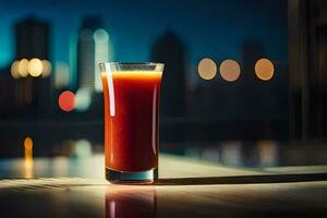 en glas av röd juice Sammanträde på en tabell i främre av en stad horisont. ai-genererad foto