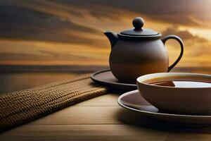 de te pott och kopp är på en trä- tabell med en trä- bakgrund. ai-genererad foto