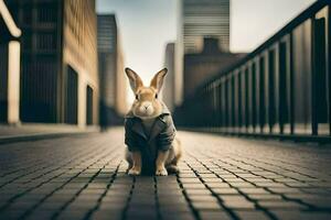 en kanin bär en kostym sitter på en tegel väg. ai-genererad foto