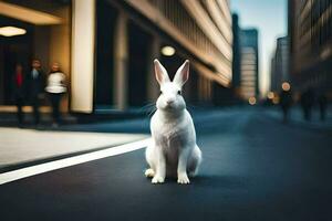 vit kanin i de stad. ai-genererad foto