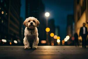 en hund stående på de gata på natt. ai-genererad foto