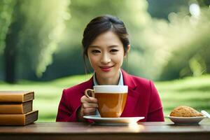 en kvinna i en röd kostym innehav en kopp av kaffe. ai-genererad foto