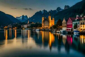 de skön stad av hallstatt på skymning. ai-genererad foto