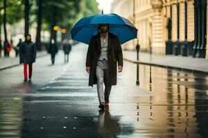 man gående i de regn med paraply. ai-genererad foto