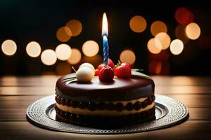 en choklad födelsedag kaka med en enda ljus på topp. ai-genererad foto