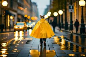 en person gående i de regn med en gul regnrock. ai-genererad foto