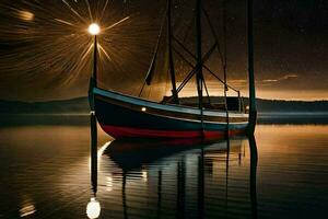 en båt är dockad på natt med en stjärna i de himmel. ai-genererad foto