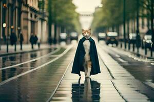 en katt i en cape gående ner en gata. ai-genererad foto