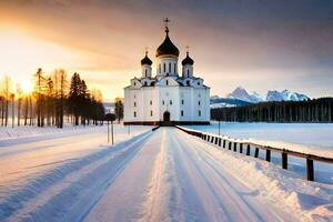 en kyrka är omgiven förbi snö och träd. ai-genererad foto