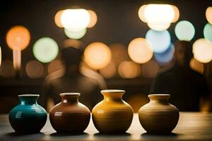 tre vaser är fodrad upp på en tabell. ai-genererad foto