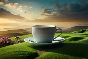 kaffe kopp på de gräs, soluppgång, berg, blommor, hd tapet. ai-genererad foto