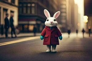 en vit kanin i en röd täcka stående på en stad gata. ai-genererad foto