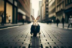 en kanin i en kostym är stående på en gata. ai-genererad foto