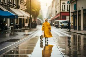 en kvinna i en gul regnkappa gående henne hund i de regn. ai-genererad foto