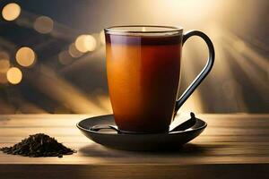 en kopp av te med en sked på en trä- tabell. ai-genererad foto
