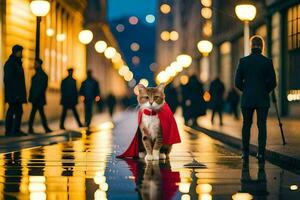 en katt klädd som en superhjälte promenader ner en gata på natt. ai-genererad foto