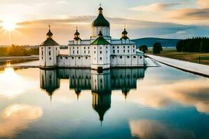 de Sol uppsättningar över en kyrka i de mitten av en sjö. ai-genererad foto