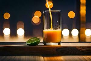orange juice varelse hällde in i en glas. ai-genererad foto