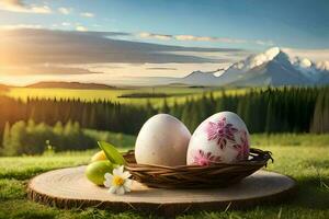 påsk ägg i en korg på en gräs- fält med bergen i de bakgrund. ai-genererad foto