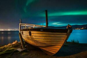 en båt sitter på de Strand under de aurora lampor. ai-genererad foto