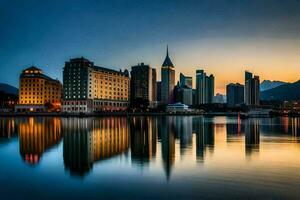 de stad horisont på skymning i shanghai. ai-genererad foto